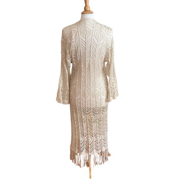 anna-kaci Ivory / Cream Long Open Knit Cardigan, Bell Sleeved, Fringe, Size S - Picture 4 of 11